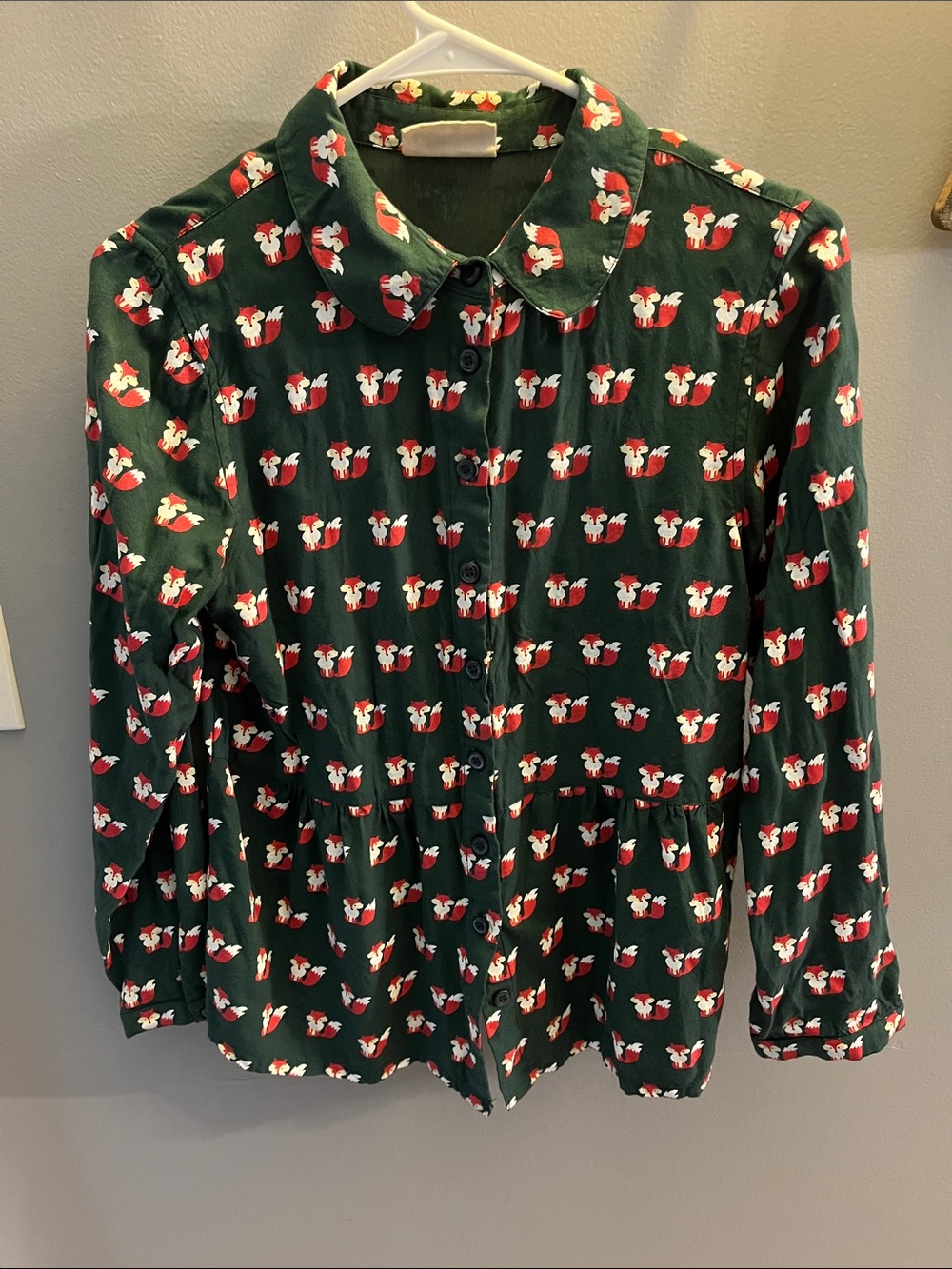 Modcloth Forest Green Fox-Print Button Front Blouse